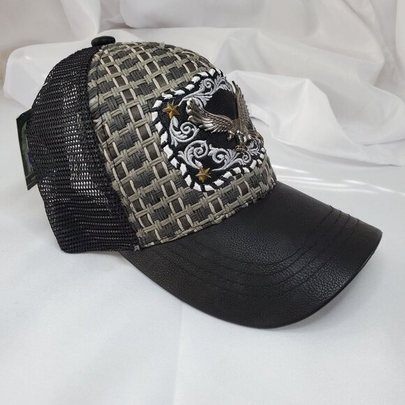 Eagle Embroidered Trucker Cap Woven Design & Mesh Back Gray/Black USA Headwear - Picture 6 of 6